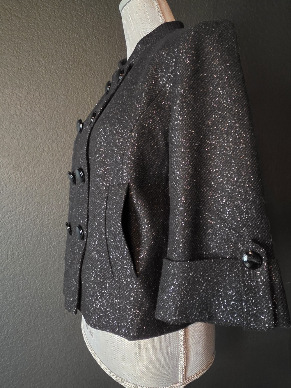 Halogen Black Sparkle Double-Breasted 3/4 Sleeve Pea Coat - Picture 2 of 8